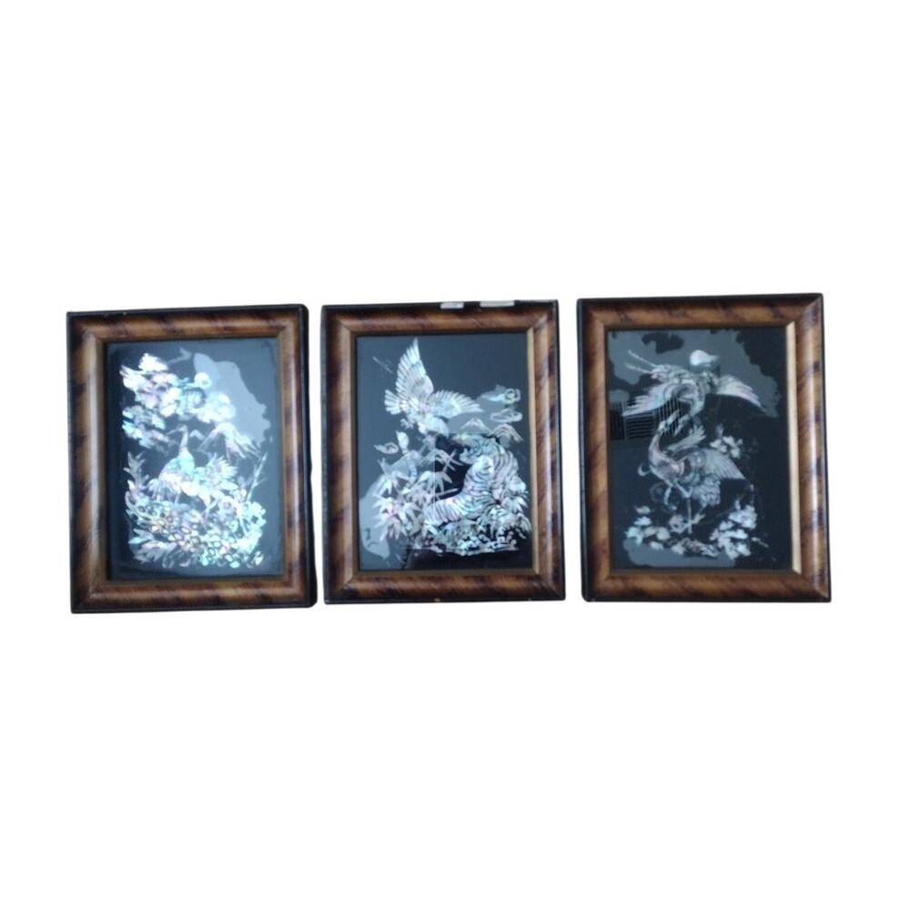 Stunning Vintage Mother of Pearl Lacquer Bird Wall Art – Set of 3